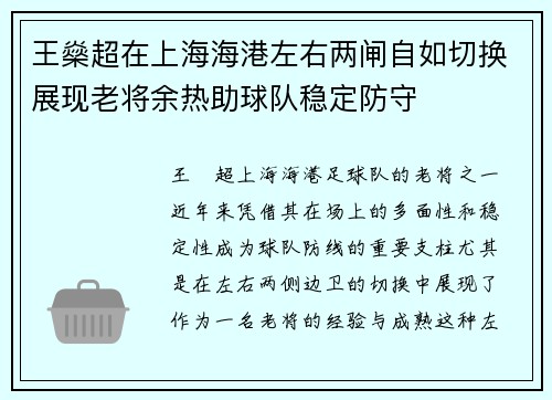 王燊超在上海海港左右两闸自如切换展现老将余热助球队稳定防守